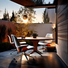 Eames chair in a contemporary backyard, gleaming in the soft light of dusk