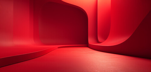 Vibrant red flowing curves in a modern abstract futuristic hall.