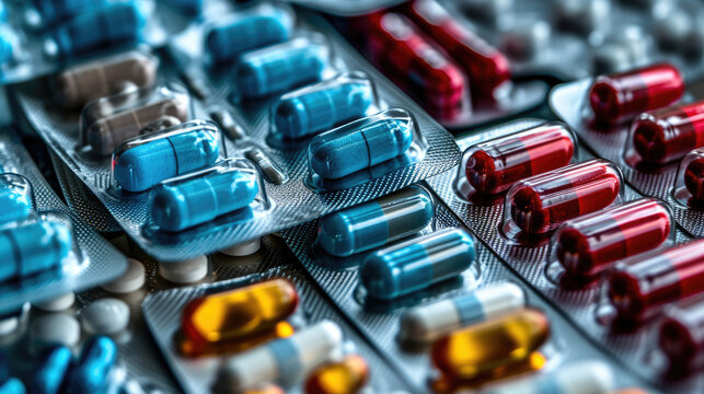 Close-up shot of a variety of pills and capsules in blister packs, showcasing an array of colors and textures.