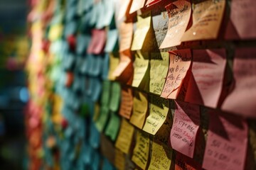 A vibrant tapestry of ideas: The office wall is adorned with a multitude of colored reminder stickers, creating a lively and dynamic display of creativity and productivity