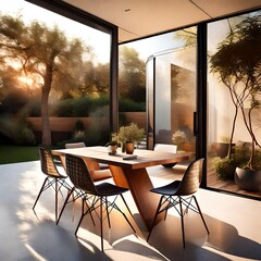 Sunset elegance with a sleek Eames chair on a backyard terrace