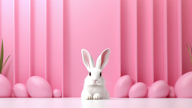 Fototapeta White easter bunny ears on a pink and minimalist background 