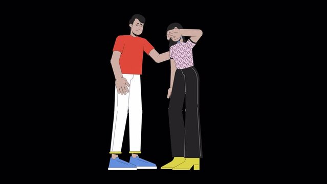 Comforting crying line cartoon animation. Emotional expressing, body language 4K video motion graphic. Help depression friends 2D linear animated characters isolated on transparent background