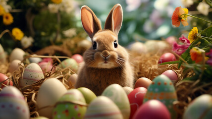 Fototapeta na wymiar An easter bunny surrounded by easter eggs with a festive background 