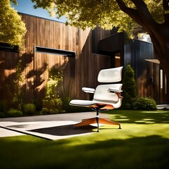 Sunlit Eames chair standing elegantly on a well-manicured lawn in a modern suburban backyard