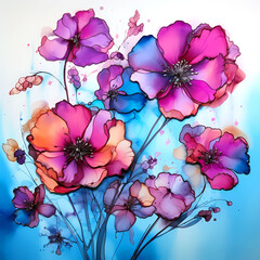 Fototapeta na wymiar Purple wildflowers, alcoholic ink texture, light blue background