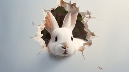 White rabbit with fluffy ears peeking out of hole in pastel wall; torn out hole 