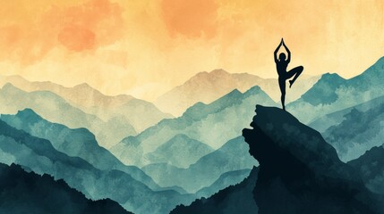 Yoga pose, woman practice yoga in a quiet environment, in the forest, mountains. Healthy Lifestyle, Fitness. With a natural backdrop, sunset. Yoga relaxation. - obrazy, fototapety, plakaty