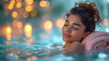 Young woman relaxing in bathtub with bokeh lights on background