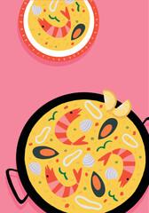 Valencian Paella typical Spanish food. Paella with prawns, rice, mussels, beans... Vector illustration with pink background. Traditional dish. 