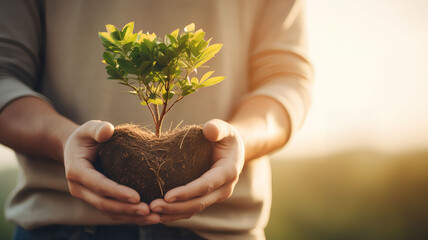 Hands holding a green young plant in the shape of a heart