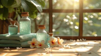 Spa setting with tropical flowers and towels on wooden table in sunlight
