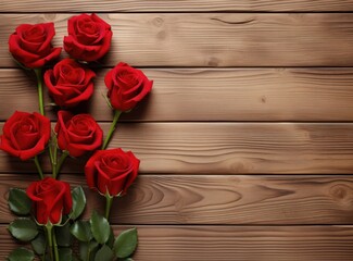 Naklejka na ściany i meble Bouquet red roses on a wooden background