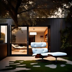 Eames chair in a contemporary backyard, gleaming in the soft light of dusk