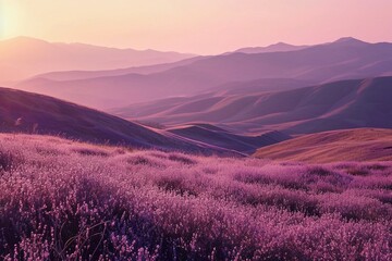 Rolling hills at sunrise with neon lavender veins in the grass,