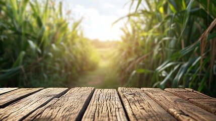 Wooden floor in a sugar cane field with a backdrop of nature, agriculture, and products on display, Generative AI. - obrazy, fototapety, plakaty