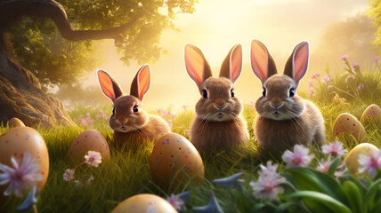 A family of rabbits sits in the sunlight or beams in a field of grass of a easter wallpaper with easter eggs 