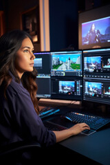 A female video editor is engaged in her work within a dynamic editing studio filled with advanced editing equipment.
