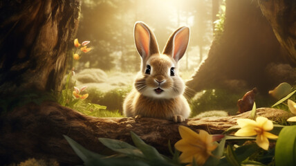 A easter bunny sits in the sunlight or beams near a fallen tree inside the forest, a medium shot of a nature background  - obrazy, fototapety, plakaty