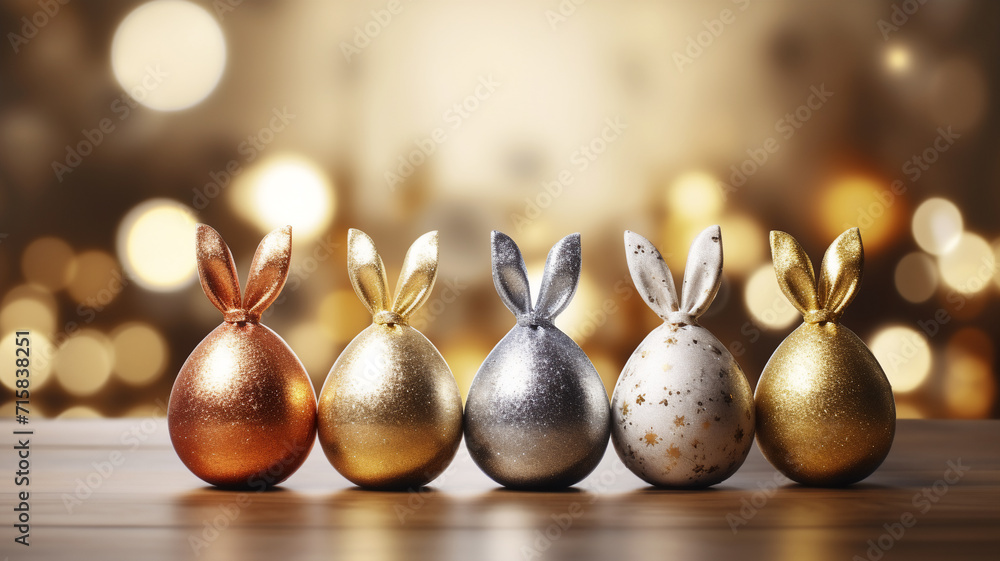 Wall mural six golden an silver colored easter eggs and bunny ears on a bokeh background