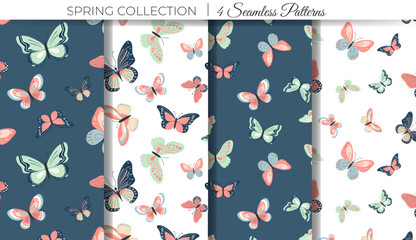 Butterfly seamless patterns. Set of spring background with butterflies. Animal background