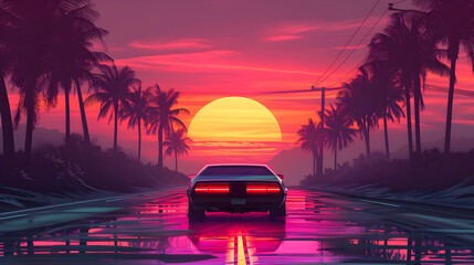 80s retro car driving with sunset view, synthwave 80s vibes