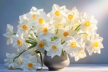 Sunlit cluster of white daffodils with simple background.