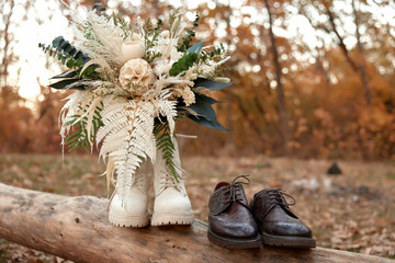bride and groom shoes, wedding bouquet outdoor. wedding concept