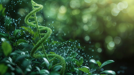 concept of green biotechnology or synthetic biology, graphic of plant with DNA. - obrazy, fototapety, plakaty