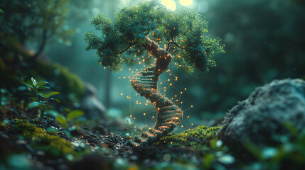 concept of green biotechnology or synthetic biology, graphic of plant with DNA.