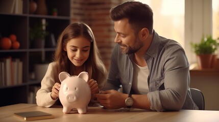 Happy family investing in their future by saving money together in a piggy bank