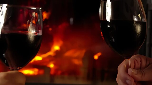 close-up Glasses red wine clink at the fireplace