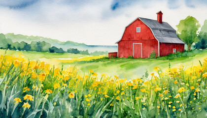 A red barn sitting in the middle of a lush green field next to a field of yellow wildflowers