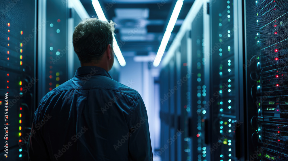 Poster man is standing in a data center with rows of server racks, holding a tablet and presumably managing