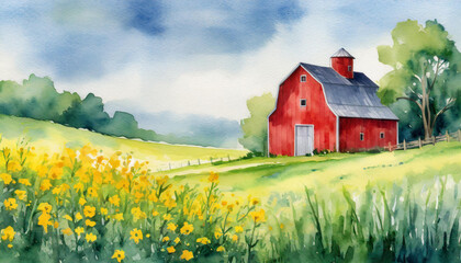 A red barn sitting in the middle of a lush green field next to a field of yellow wildflowers