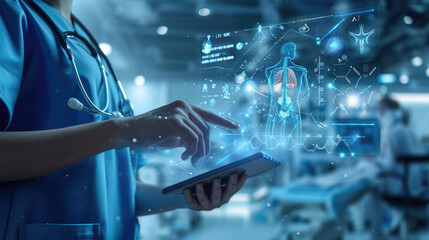 Healthcare professional is using a tablet that displays a holographic projection of a human anatomy model, showcasing various internal systems. - Powered by Adobe