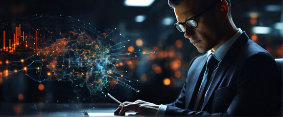 businessman using a tablet is in a sihouette double exposure. In the background is a flow of data showing various cyber threats and vulnerabilities. Stylish in the style of double exposure