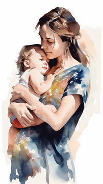 Mother hold baby   watercolor style. Generative AI