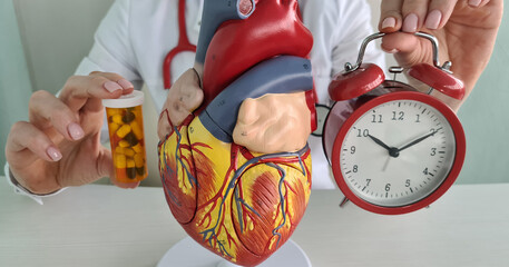 Doctor cardiologist therapist holds heart pills and alarm clock in hands