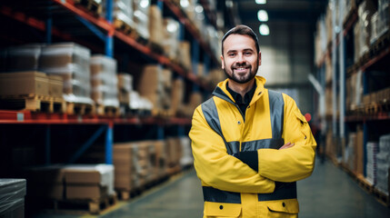 Professional man loader in warehouse with cardboard boxes of goods on shelves. Smiling uniformed bearded loader demonstrates his willingness, enthusiasm to do his job. Logistics, storage and delivery