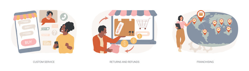 Retail ecommerce isolated concept vector illustration set. Custom service, returns and refunds, franchising, website live chat, user experience, product and service, trademark vector concept.
