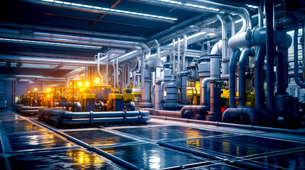 Large industrial area with pipes and pipes on the wall and water on the floor.
