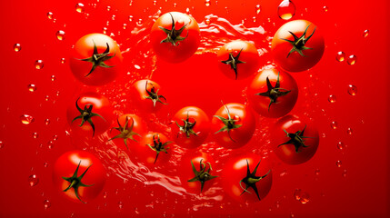 Group of tomatoes floating in water on red surface with drops of water.