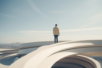 Obraz premium Man in Modern Attire on Sculptural Rooftop
