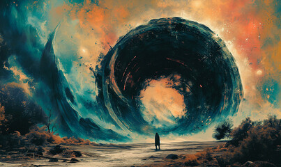 illustration of a fantasy landscape with a person in front of a spinning vortex