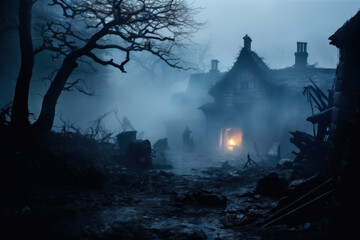 Fototapeta premium Mysterious Village Scene in Fog with Silhouettes