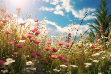 Sunlit field of wildflowers, neutral backdrop, text integration.
