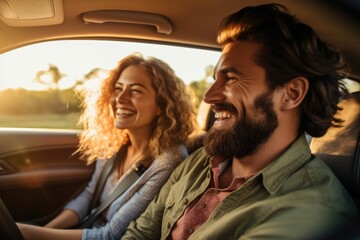 couple basks in the warm glow of a sunset drive, sharing a laugh that lights up their joyful journey