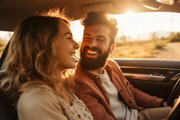 couple basks in the warm glow of a sunset drive, sharing a laugh that lights up their joyful journey