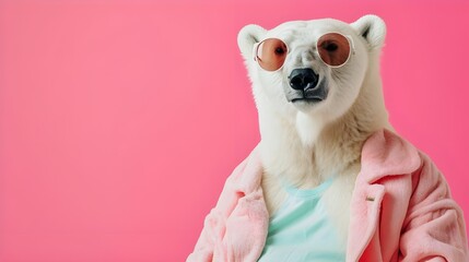 Creative animal concept. Polar Bear in glam fashionable couture high end outfits isolated on bright background advertisement, copy space. birthday party invite invitation banner